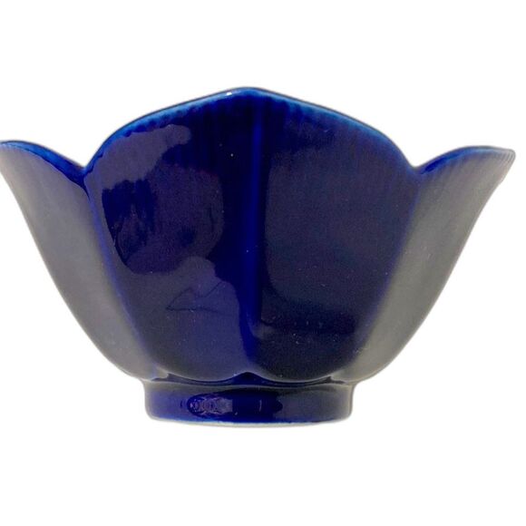 PEACOCKS Lotus Floral Cobalt Blue Gold Trim Decorative JAPANESE Bowl Vintage - Picture 7 of 12